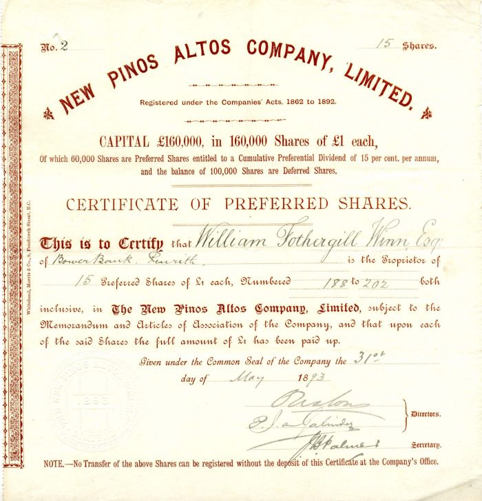 New Pinos Altos Co., Limited - 1893 dated England Stock Certificate - United Kingdom Share - Possibly New Mexico