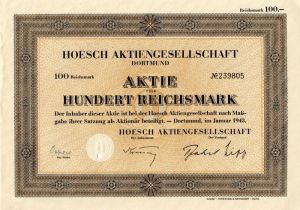 Hoesch Aktiengesellschaft Dortmund - Stock Certificate