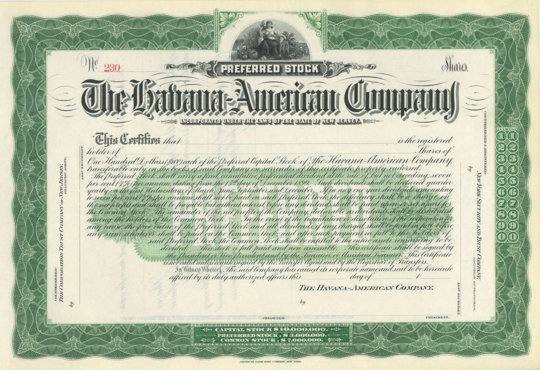 Havana-American Co. - 1900 circa dated Unissued Cuba Stock Certificate