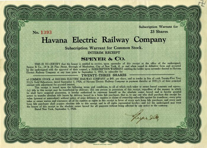 Havana Electric Railway Co. - 1926 dated Cuba Stock Certificate