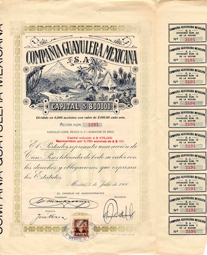 Compania Guayulera Mexicana S.A. - Stock Certificate