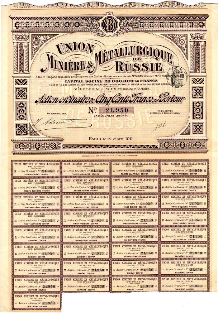 Union Miniere and Metallurgique De Russie - Stock Certificate
