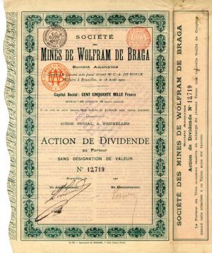 Societe Des Mines De Wolfram De Braga - Stock Certificate