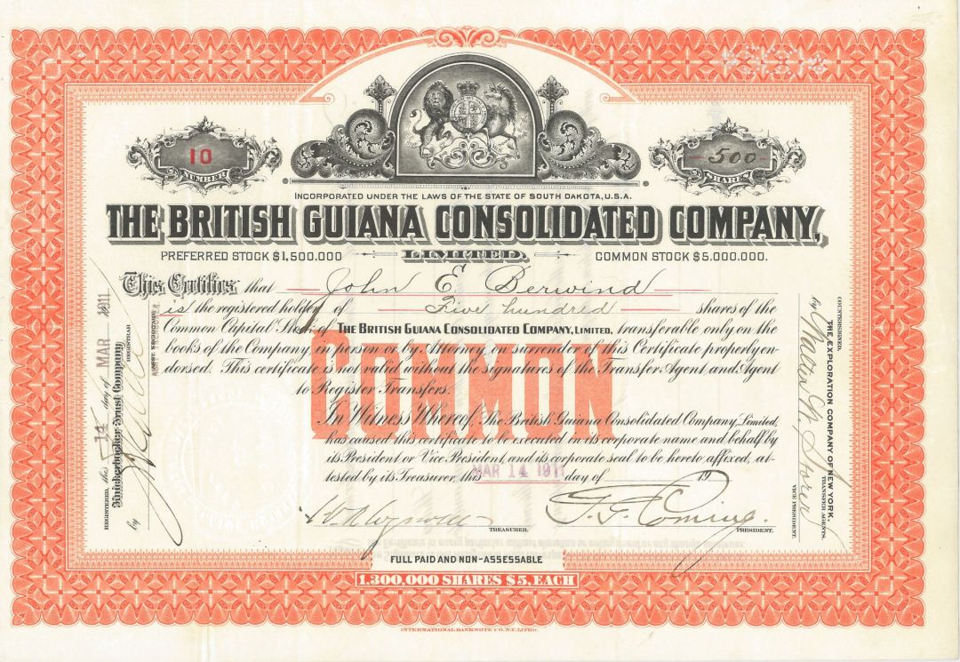 British Guiana Consolidated Co., Limited - 1911 dated Stock Certificate
