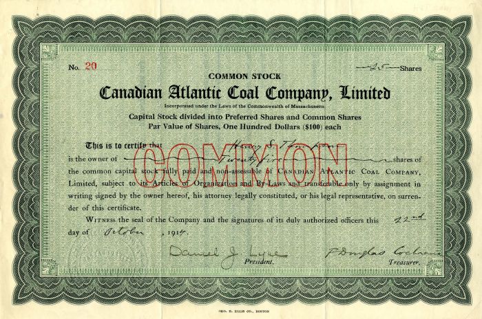 Canadian Atlantic Coal Co., Limited - Stock Certificate