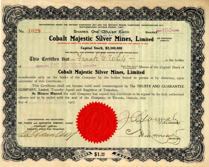 Cobalt Majestic Silver Mines, Limited - Stock Certificate