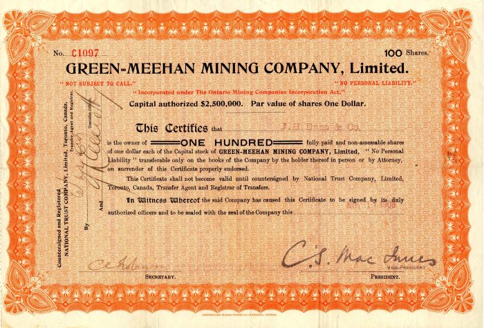 Green=Meehan Mining Co., Limited - Stock Certificate