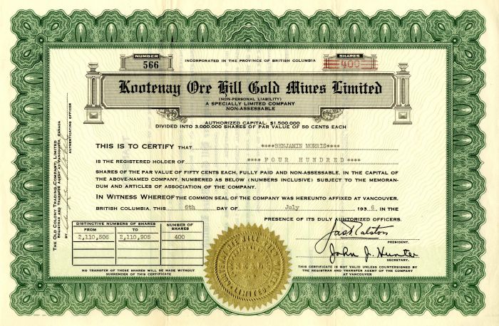 Kootenay Ore Hill Gold Mines Limited - Stock Certificate