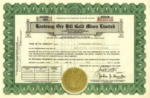 Kootenay Ore Hill Gold Mines Limited - Stock Certificate