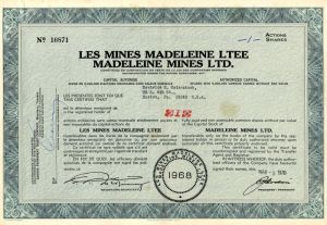 Les Mines Madeleine Ltee Madeleine Mines Ltd. - 1970 dated Canadian Mining Stock Certificate