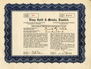 Vimy Gold and Metals, Limited - Stock Certificate