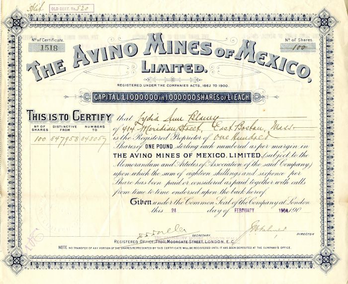 Avino Mines of Mexico, Limited - Stock Certificate