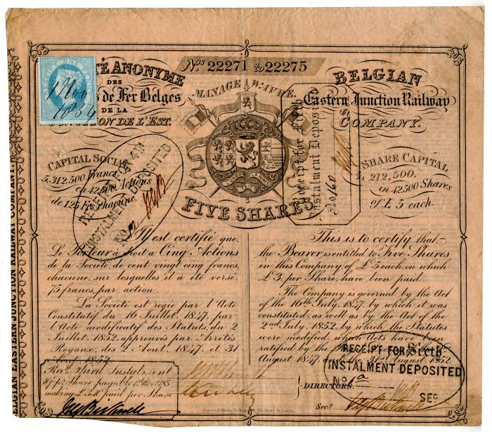 Belgian Eastern Junction Railway - Stock Certificate