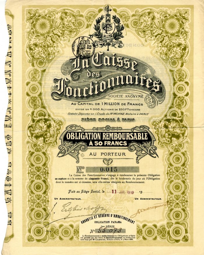 La Caisse des Fonctionnaires - Stock Certificate