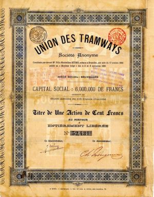 Union Des Tramways - 1895 dated Stock Certificate