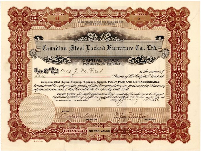 Canadian Steel Locked Furniture Co., Ltd. - Stock Certificate