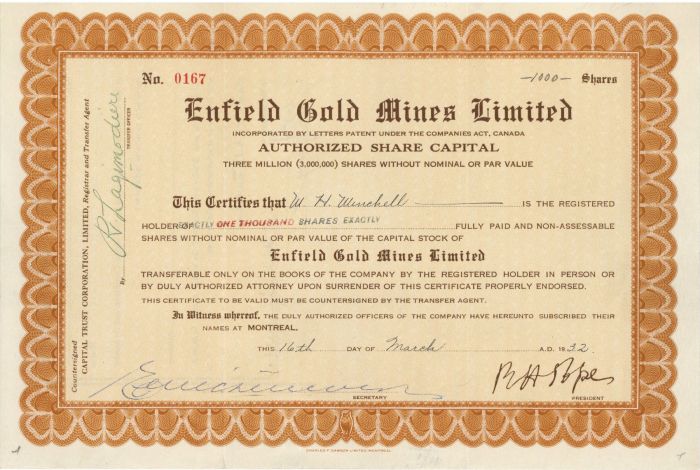 Enfield Gold Mines Limited - Stock Certificate