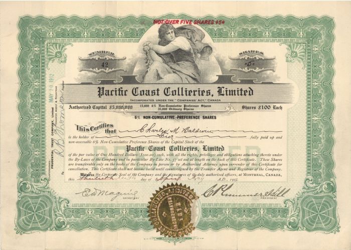 Pacific Coast Collieries, Limited - Stock Certificate