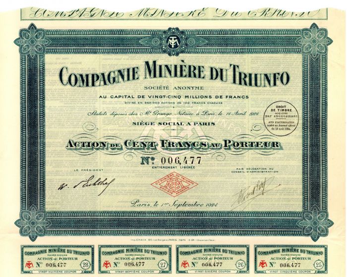 Compagnie Miniere Du Triunfo - Stock Certificate