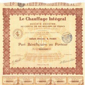Le Chauffage Integral - Stock Certificate