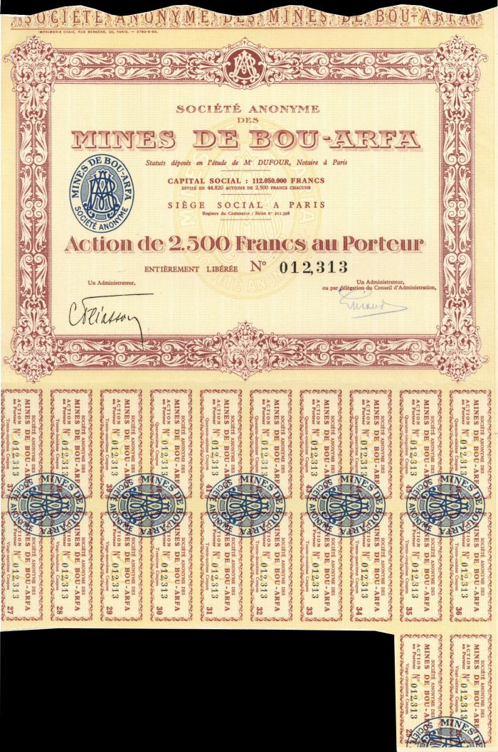 Societe Anonyme des Mines De Bou-Arfa - Stock Certificate