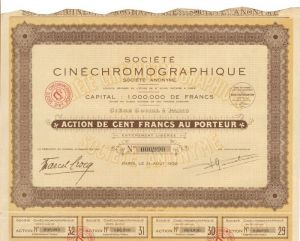 Societe Cinechromographique - Stock Certificate
