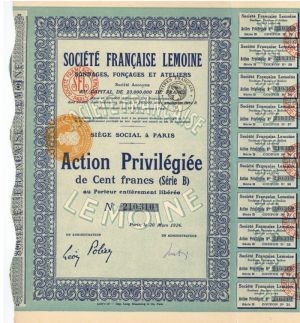 Societe Francaise Lemoine - Stock Certificate
