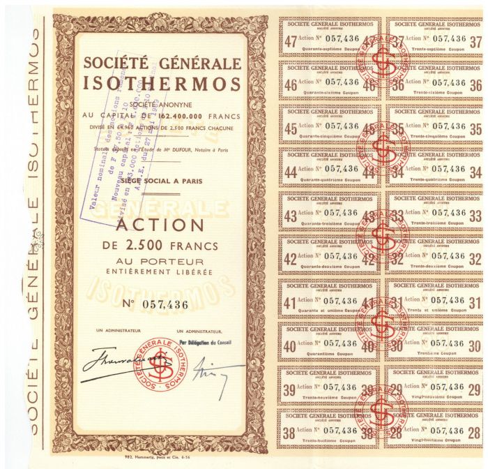 Societe Generale Isothermos - Stock Certificate