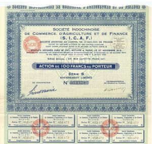 Societe Indochinoise De Commerce, D'Agriculture Et De Finance- Stock Certificate