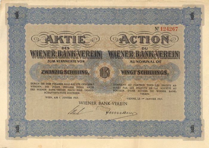 Aktie Des Wiener Bank-Verein - Stock Certificate