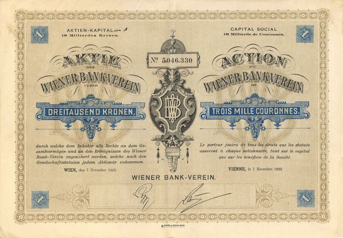 Aktie Des Wiener Bank-Verein - Stock Certificate