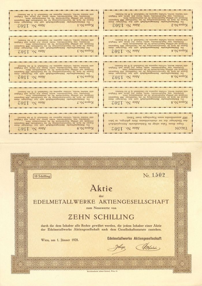 Aktie Der Edelmetallwerke Aktiengesellschaft - Stock Certificate