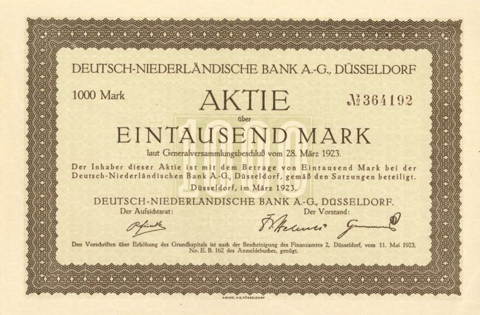 Deutsch-Niederlandische Bank A.-G., Dusseldorf- Stock Certificate