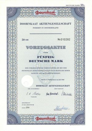 Doornkaat Aktiengesellschaft- Stock Certificate