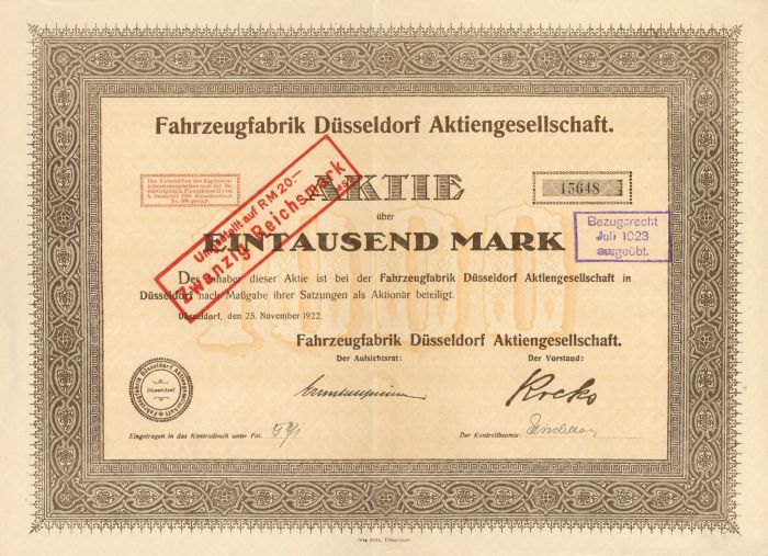 Fahrzeugfabrik Dusseldorf Aktiengesellschaft - Stock Certificate