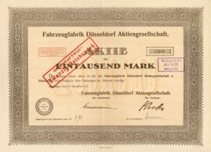 Fahrzeugfabrik Dusseldorf Aktiengesellschaft - Stock Certificate