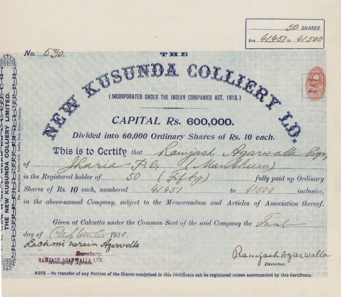 New Kusunda Colliery Ld. - Stock Certificate