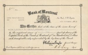 Bank of Montreal - Canadian Banking Stock Certificate
