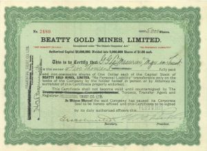 Beatty Gold Mines, Limited - Mining Stock Certificate