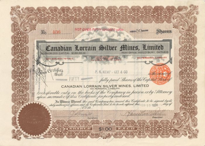 Canadian Lorrain Silver Mines, Limited - 1924 dated Stock Certificate