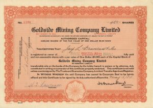 Goldside Mining Co. Limited - Ontario Stock Certificate