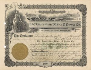 Laurentian Water and Power Co. - 1924 dated Canadian Stock Certificate - Quebec, Canada