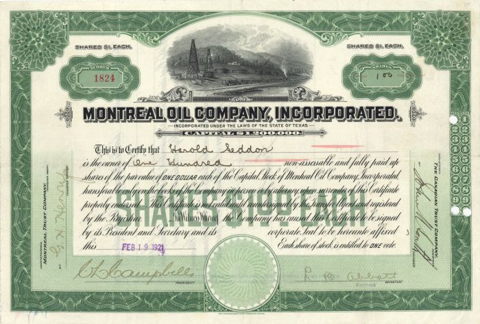 Montreal Oil Co., Incorporated - 1921 dated Canadian Oil Stock Certificate