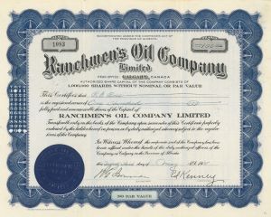 Ranchmen's Oil Company Limited - 1938 dated Canadian Oil Stock Certificate - Calgary, Alberta, Canada