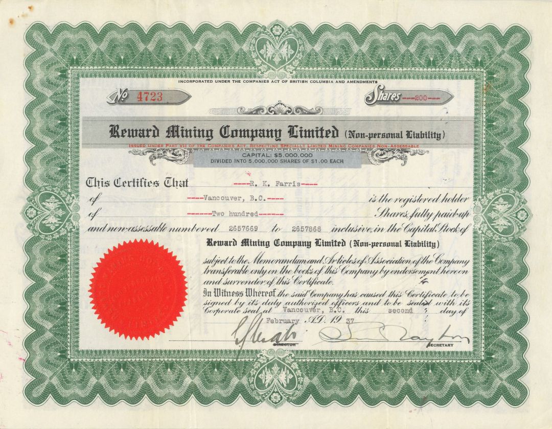 Reward Mining Co. Limited - 1937 dated Canadian Stock Certificate - Rust Stain at Top Left