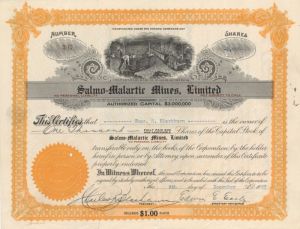 Salmo-Malartic Mines, Limited - Mining Stock Certificate