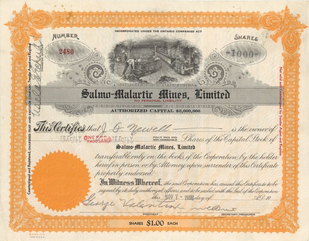 Salmo-Malartic Mines, Limited - Mining Stock Certificate