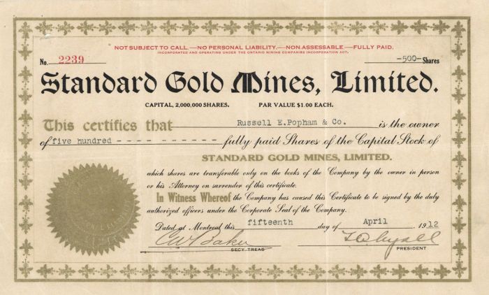 Standard Gold Mines, Limited - Stock Certificate