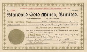 Standard Gold Mines, Limited - Stock Certificate