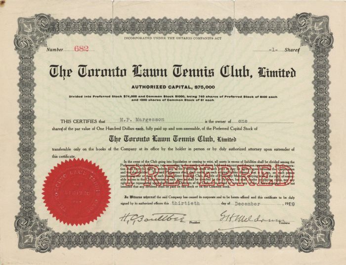 Toronto Lawn Tennis Club, Limited - Stock Certificate